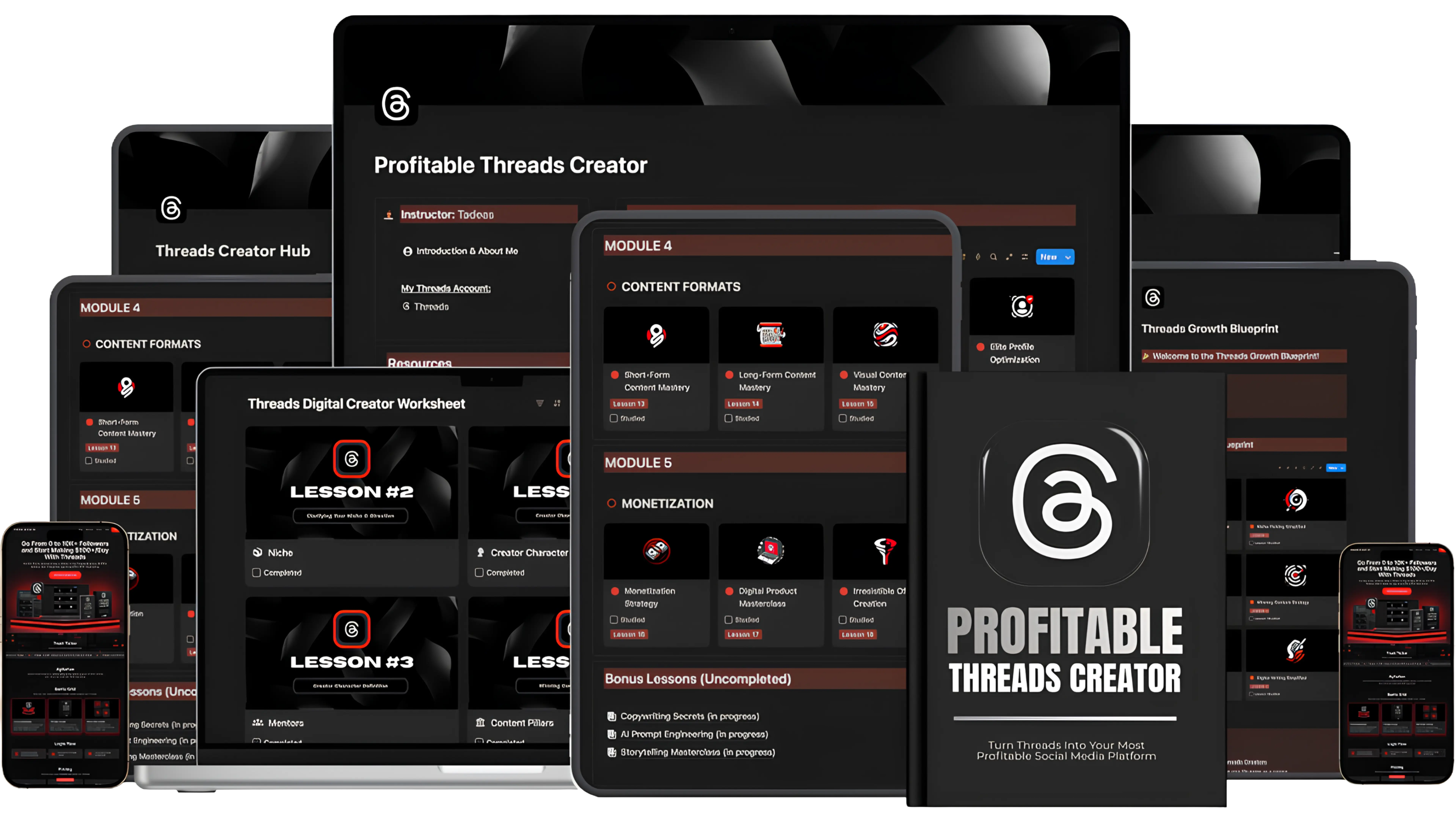 Profitable Threads Creator Course Materials showing various screens, modules, and workbooks
